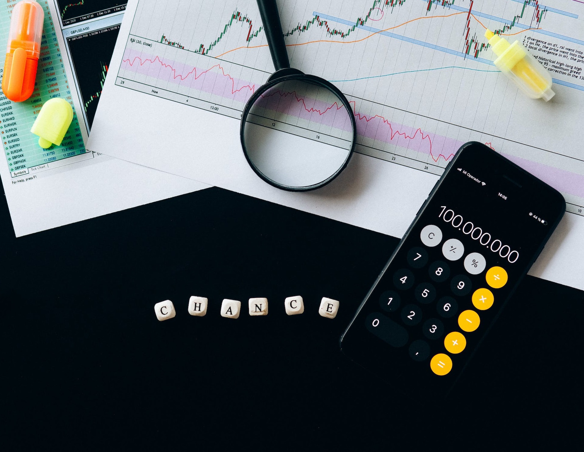 Items on a desk, with the word "chance" spelled out